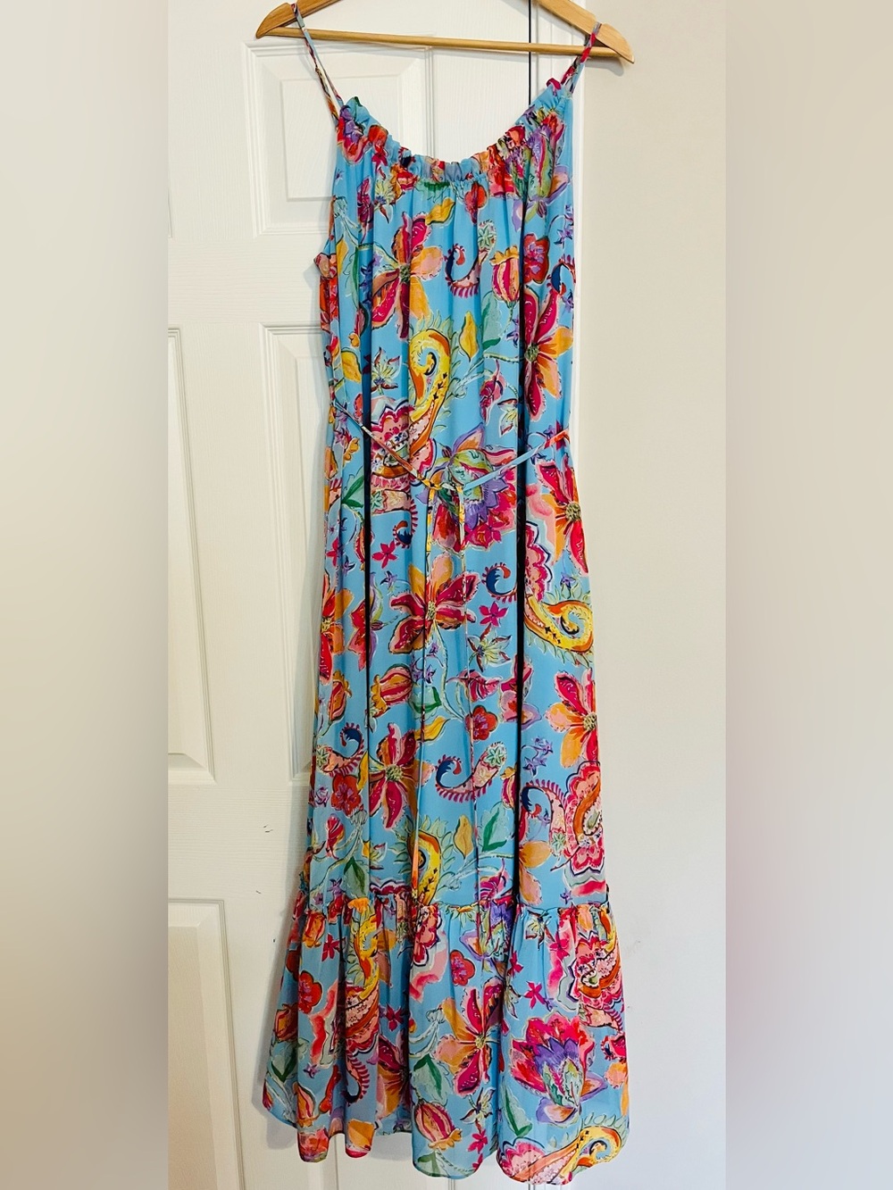 Nicole Miller Light Blue Floral Trim Maxi Dress Size L